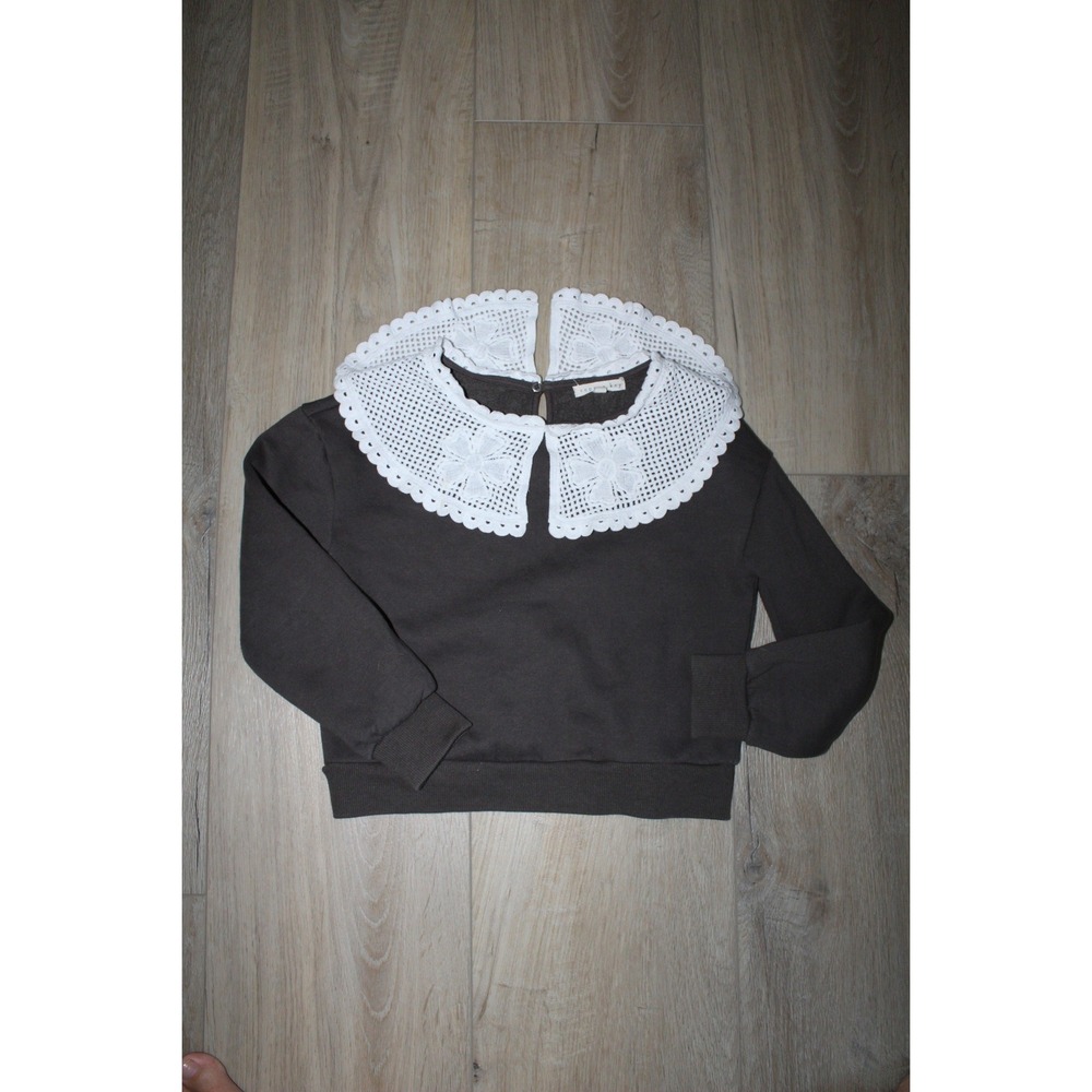 Copper Key Girls Olive Sweatshirt Oversized White Crochet Lace Floral Collar S 7